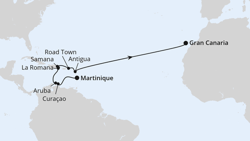 Routenverlauf für Von Martinique nach Gran Canaria mit AIDAbella am 30.03.25