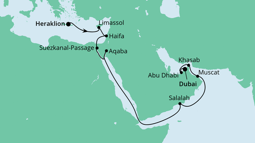 Routenverlauf für Von Kreta nach Dubai mit AIDAbella am 21.10.22 Routenverlauf für Von Kreta nach Dubai mit AIDAbella am 21.10.22