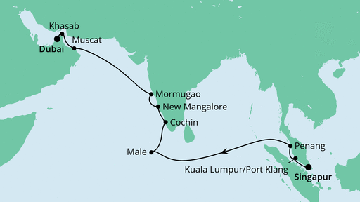 Routenverlauf für Von Singapur nach Dubai mit AIDAbella am 30.03.20