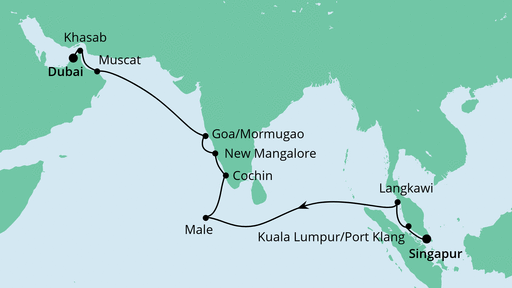 Routenverlauf für Von Singapur nach Dubai mit AIDAbella am 29.03.21 Routenverlauf für Von Singapur nach Dubai mit AIDAbella am 29.03.21