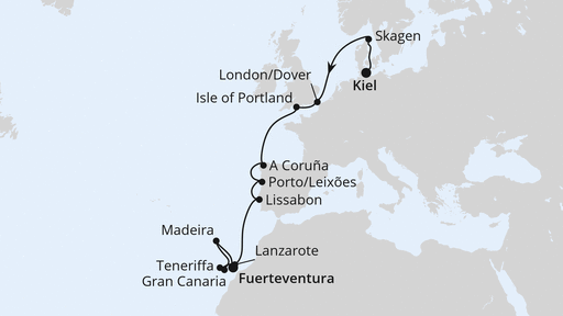 Routenverlauf für Von Kiel nach Fuerteventura 2 mit AIDAbella am 03.11.25 Routenverlauf für Von Kiel nach Fuerteventura 2 mit AIDAbella am 03.11.25