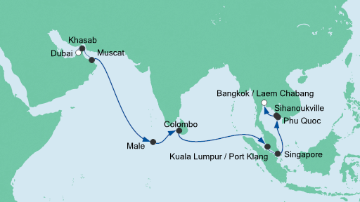 Routenverlauf für Von Dubai nach Bangkok 2 mit AIDAbella am 02.11.20 Routenverlauf für Von Dubai nach Bangkok 2 mit AIDAbella am 02.11.20