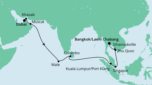 Routenverlauf für Von Dubai nach Bangkok mit AIDAbella am 01.11.21