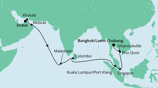 Routenverlauf für Von Dubai nach Bangkok mit AIDAbella am 30.10.23 Routenverlauf für Von Dubai nach Bangkok mit AIDAbella am 30.10.23