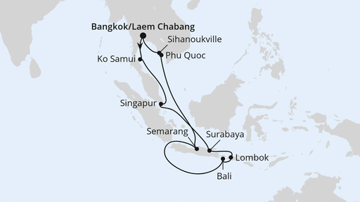 Routenverlauf für Thailand, Indonesien & Singapur mit AIDAbella am 22.01.24 Routenverlauf für Thailand, Indonesien & Singapur mit AIDAbella am 22.01.24