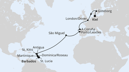 Routenverlauf für Von Kiel nach Barbados mit AIDAbella am 25.10.26 Routenverlauf für Von Kiel nach Barbados mit AIDAbella am 25.10.26