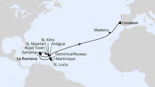 Routenverlauf für Von der Dominikanischen Republik nach Lissabon 1 mit AIDAbella am 27.03.27 Routenverlauf für Von der Dominikanischen Republik nach Lissabon 1 mit AIDAbella am 27.03.27