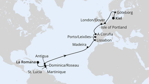 Routenverlauf für Von der Dominikanischen Republik nach Kiel 3 mit AIDAbella am 03.04.27 Routenverlauf für Von der Dominikanischen Republik nach Kiel 3 mit AIDAbella am 03.04.27