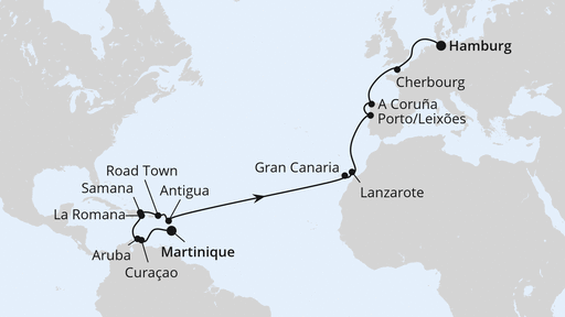 Routenverlauf für Von Martinique nach Hamburg 2 mit AIDAbella am 30.03.25 Routenverlauf für Von Martinique nach Hamburg 2 mit AIDAbella am 30.03.25