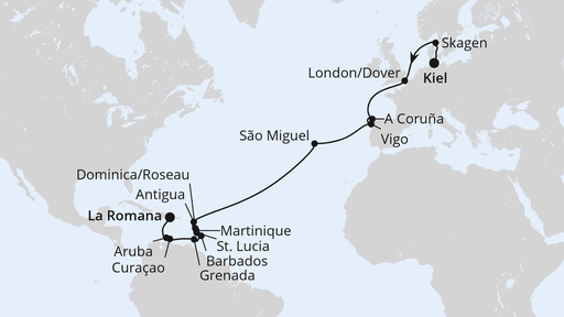 Routenverlauf für Von Kiel über die Azoren in die Dom. Republik mit AIDAbella am 01.11.27