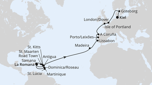 Routenverlauf für Von der Dominikanischen Republik nach Kiel 2 mit AIDAbella am 27.03.27