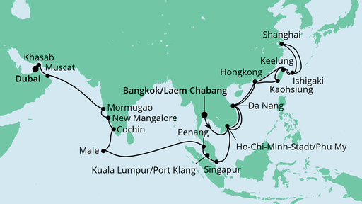 Routenverlauf für Weltenbummler von Bangkok nach Dubai mit AIDAbella am 02.03.20
