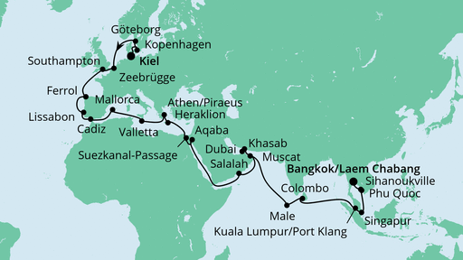 Routenverlauf für Weltenbummler von Kiel nach Bangkok mit AIDAbella am 01.10.20