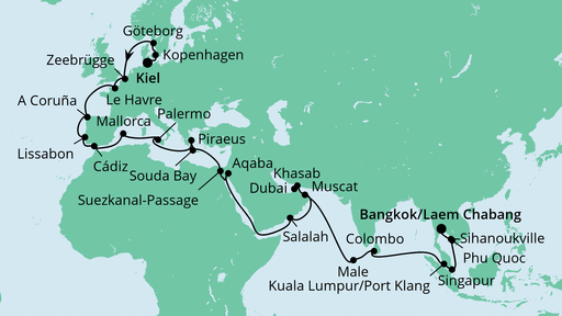 Routenverlauf für Weltenbummler von Kiel nach Bangkok mit AIDAbella am 30.09.21