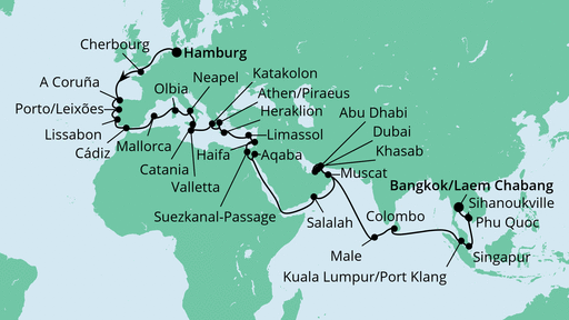 Routenverlauf für Weltenbummler von Hamburg nach Bangkok mit AIDAbella am 02.10.22 Routenverlauf für Weltenbummler von Hamburg nach Bangkok mit AIDAbella am 02.10.22