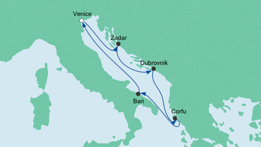 Routenverlauf für Adria ab Venedig mit AIDAblu am 12.07.20