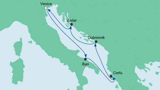 Routenverlauf für Adria ab Venedig mit AIDAblu am 06.09.20 Routenverlauf für Adria ab Venedig mit AIDAblu am 06.09.20