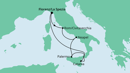 Routenverlauf für Bella Italia ab La Spezia mit AIDAblu am 12.11.20 Routenverlauf für Bella Italia ab La Spezia mit AIDAblu am 12.11.20
