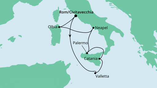 Routenverlauf für Italien & Malta mit AIDAblu am 06.03.22