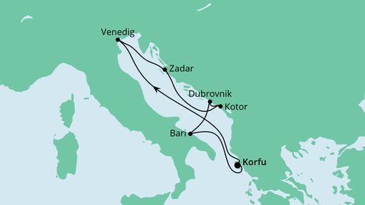 Routenverlauf für Adria ab Korfu mit AIDAblu am 28.08.22 Routenverlauf für Adria ab Korfu mit AIDAblu am 28.08.22