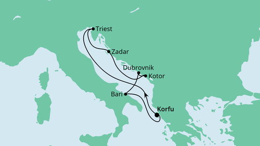 Routenverlauf für Adria ab Korfu mit AIDAblu am 13.08.23 Routenverlauf für Adria ab Korfu mit AIDAblu am 13.08.23