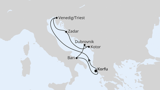 Routenverlauf für Adria ab Korfu mit AIDAblu am 14.09.24 Routenverlauf für Adria ab Korfu mit AIDAblu am 14.09.24