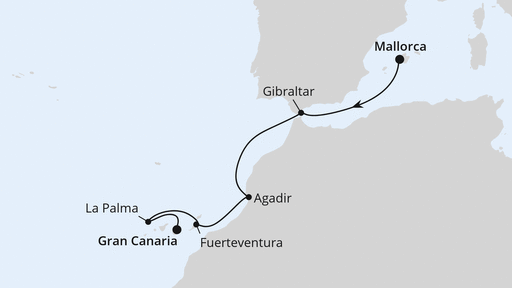 Routenverlauf für Von Mallorca nach Gran Canaria mit AIDAblu am 02.11.25 Routenverlauf für Von Mallorca nach Gran Canaria mit AIDAblu am 02.11.25
