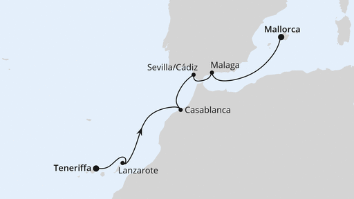 Routenverlauf für Von Teneriffa nach Mallorca mit AIDAblu am 23.04.26 Routenverlauf für Von Teneriffa nach Mallorca mit AIDAblu am 23.04.26