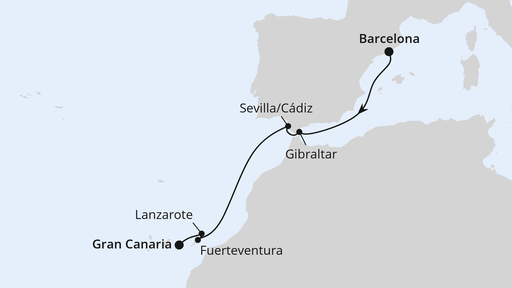Routenverlauf für Andalusien & Kanaren ab Barcelona 1 mit AIDAblu am 01.11.26