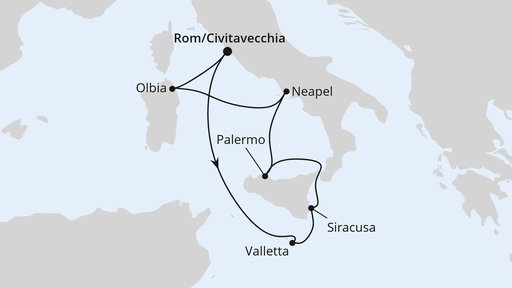 Routenverlauf für Italien & Malta mit AIDAblu am 21.03.27 Routenverlauf für Italien & Malta mit AIDAblu am 21.03.27