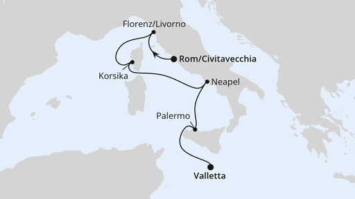 Routenverlauf für Italien, Korsika & Malta ab Civitavecchia mit AIDAblu am 18.04.27