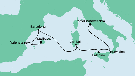Routenverlauf für Von Mallorca nach Rom mit AIDAblu am 19.02.22 Routenverlauf für Von Mallorca nach Rom mit AIDAblu am 19.02.22