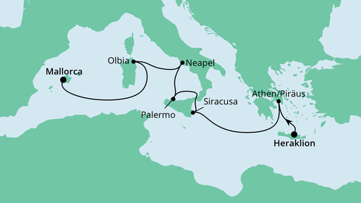 Routenverlauf für Von Kreta nach Mallorca mit AIDAblu am 25.11.22 Routenverlauf für Von Kreta nach Mallorca mit AIDAblu am 25.11.22