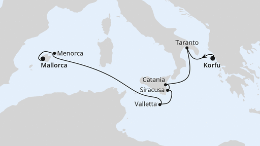 Routenverlauf für Von Korfu nach Mallorca 1 mit AIDAblu am 25.10.25 Routenverlauf für Von Korfu nach Mallorca 1 mit AIDAblu am 25.10.25