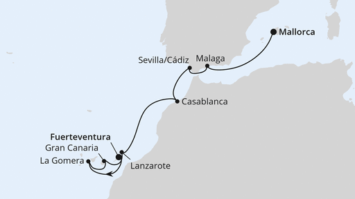 Routenverlauf für Andalusien & Kanaren ab Fuerteventura mit AIDAblu am 15.01.27 Routenverlauf für Andalusien & Kanaren ab Fuerteventura mit AIDAblu am 15.01.27