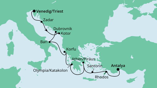 Routenverlauf für Von Triest nach Antalya mit AIDAblu am 24.10.23 Routenverlauf für Von Triest nach Antalya mit AIDAblu am 24.10.23