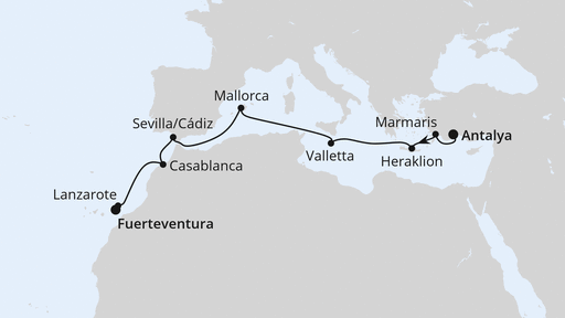 Routenverlauf für Von Antalya nach Fuerteventura mit AIDAblu am 17.11.24