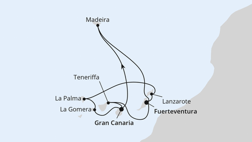 Routenverlauf für Große Kanaren-Rundreise & Madeira mit AIDAblu am 09.02.25 Routenverlauf für Große Kanaren-Rundreise & Madeira mit AIDAblu am 09.02.25