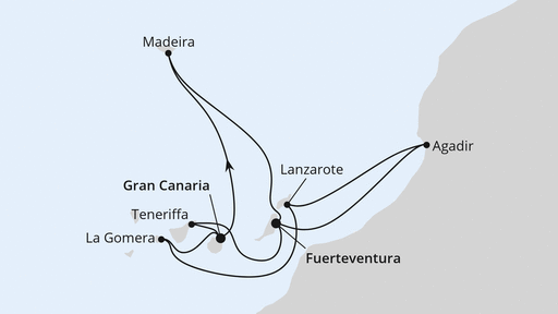Routenverlauf für Kanaren, Madeira & Marokko mit AIDAblu am 23.02.25