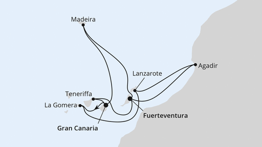 Routenverlauf für Kanaren, Madeira & Marokko mit AIDAblu am 02.03.25
