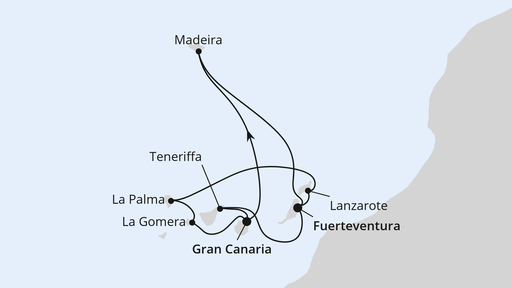 Routenverlauf für Große Kanaren-Rundreise & Madeira mit AIDAblu am 23.03.25 Routenverlauf für Große Kanaren-Rundreise & Madeira mit AIDAblu am 23.03.25