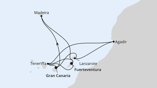 Routenverlauf für Kanaren, Madeira & Marokko mit AIDAblu am 06.12.26