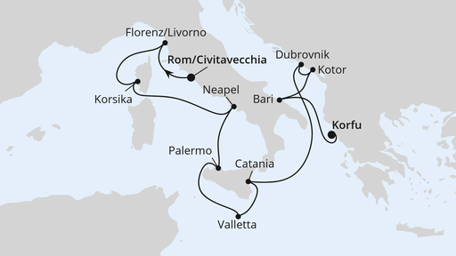 Routenverlauf für Mittelmeer & Adria ab Civitavecchia mit AIDAblu am 18.04.27 Routenverlauf für Mittelmeer & Adria ab Civitavecchia mit AIDAblu am 18.04.27