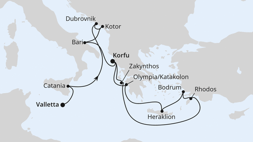 Routenverlauf für Sizilien, Adria & Griechenland ab Malta mit AIDAblu am 25.04.27 Routenverlauf für Sizilien, Adria & Griechenland ab Malta mit AIDAblu am 25.04.27