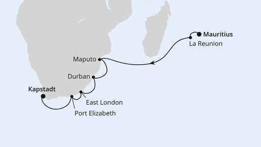 Routenverlauf für Südafrika mit La Réunion & Mauritius 2 mit AIDAblu am 16.02.28