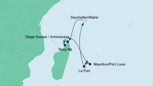 Routenverlauf für Mauritius & Madagaskar 3 mit AIDAblu am 14.01.20 Routenverlauf für Mauritius & Madagaskar 3 mit AIDAblu am 14.01.20