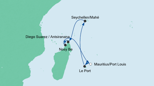 Routenverlauf für Mauritius & Madagaskar 2 mit AIDAblu am 21.01.20 Routenverlauf für Mauritius & Madagaskar 2 mit AIDAblu am 21.01.20