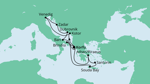 Routenverlauf für Adria & Griechenland mit AIDAblu am 16.05.21 Routenverlauf für Adria & Griechenland mit AIDAblu am 16.05.21