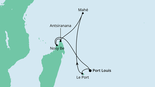 Routenverlauf für Mauritius, Seychellen & Madagaskar 1 mit AIDAblu am 28.12.21 Routenverlauf für Mauritius, Seychellen & Madagaskar 1 mit AIDAblu am 28.12.21