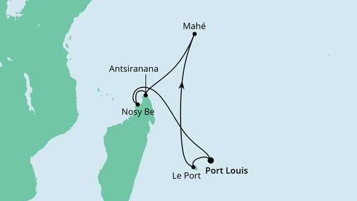 Routenverlauf für Mauritius, Seychellen & Madagaskar 1 mit AIDAblu am 28.02.23 Routenverlauf für Mauritius, Seychellen & Madagaskar 1 mit AIDAblu am 28.02.23